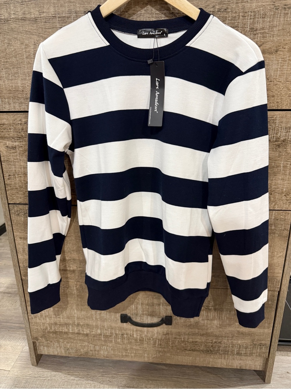 Navy and White Striped Crewneck Sweater